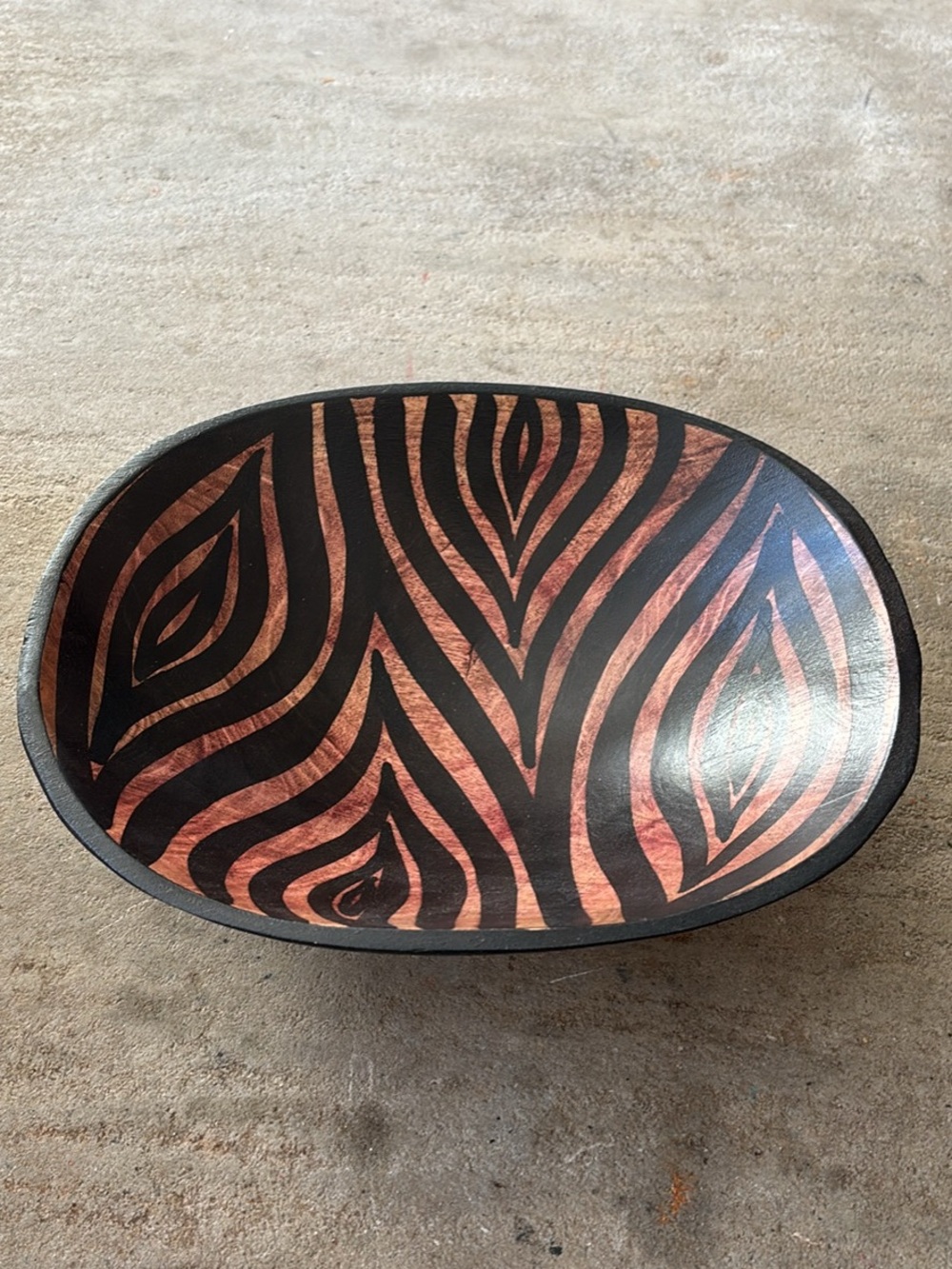 Decorative Oval Wooden Bowl - Black and Copper Zebra Pattern